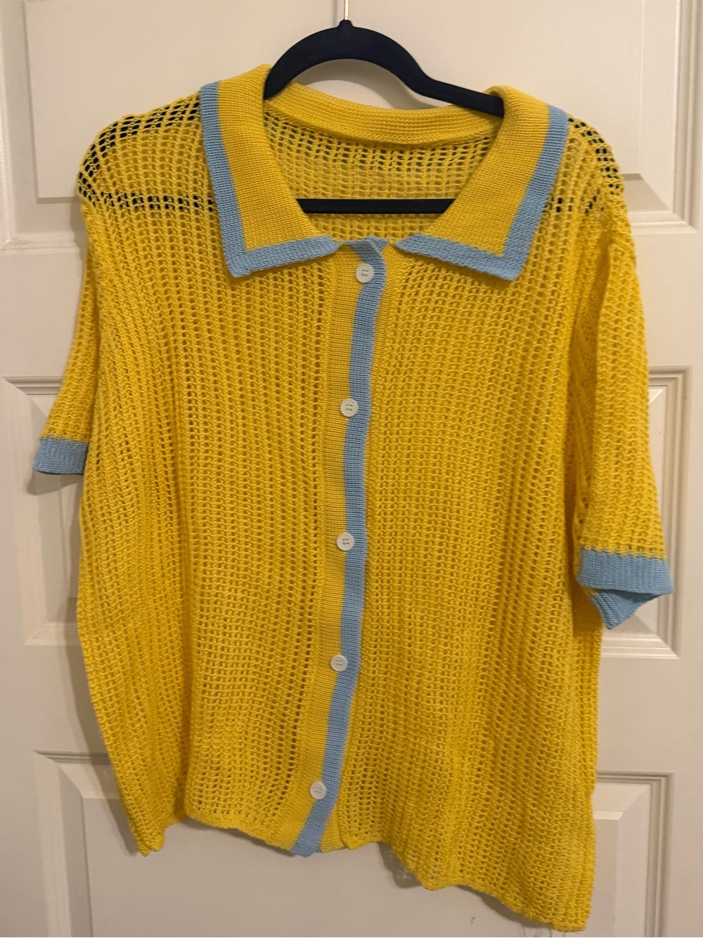 Yellow Open-Knit Button Front Sweater with Light Blue Trim